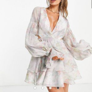Chiffon Balloon-Sleeve Cut-out Mini Dress